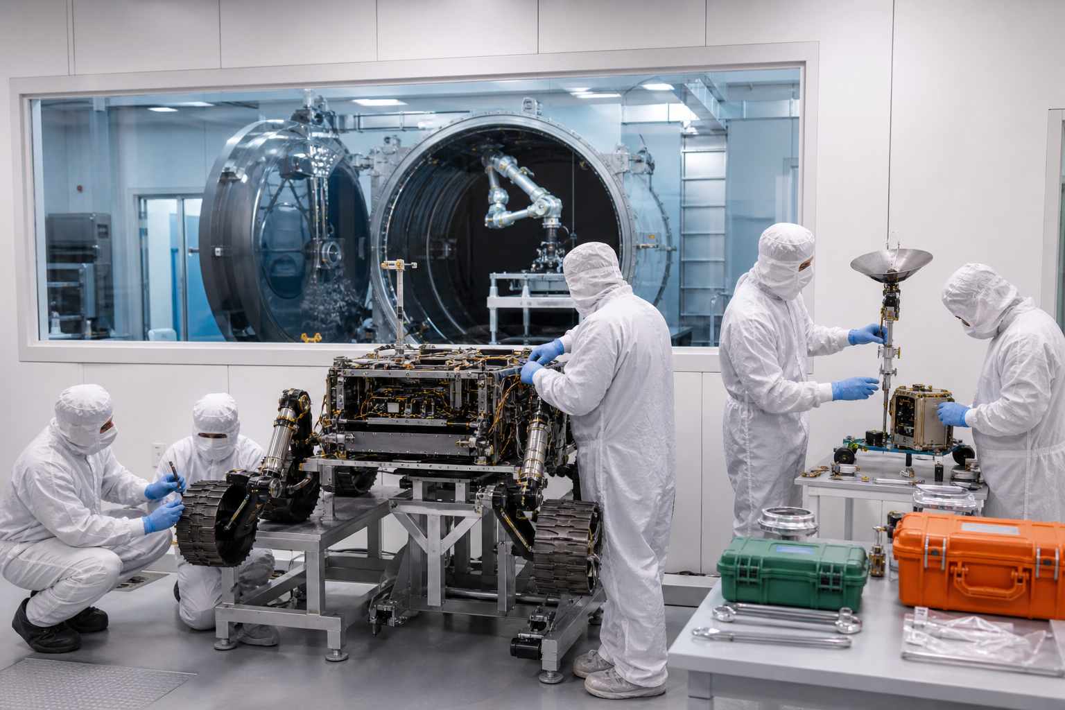 Engineers in an Indian clean room integrate and test the mobility, avionics and scientific systems of a lunar rover.