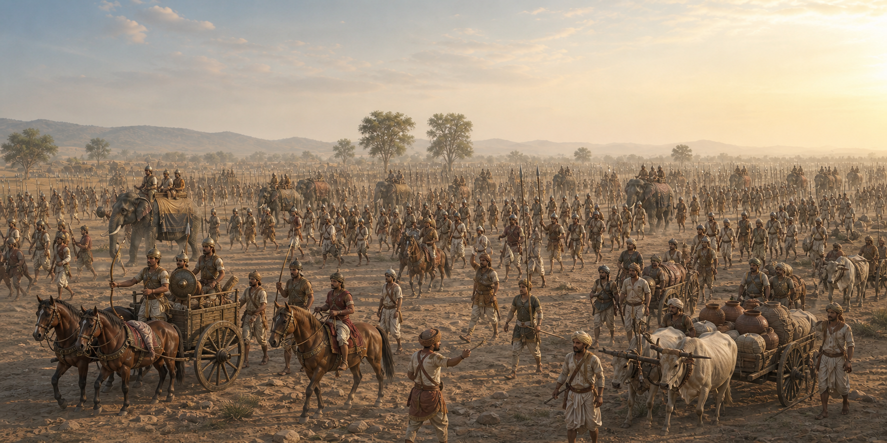 Chariots, elephants, cavalry, archers, spearmen, and attendants advance together in a broad ancient Indian military formation.