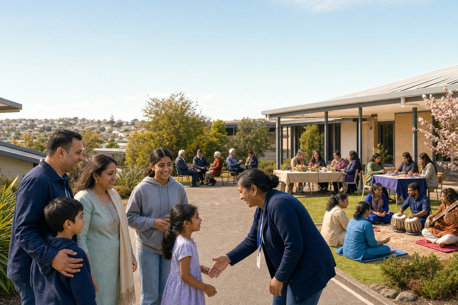 A multigenerational family arrives at a diverse outdoor Dharma community celebration at a suburban Auckland venue.