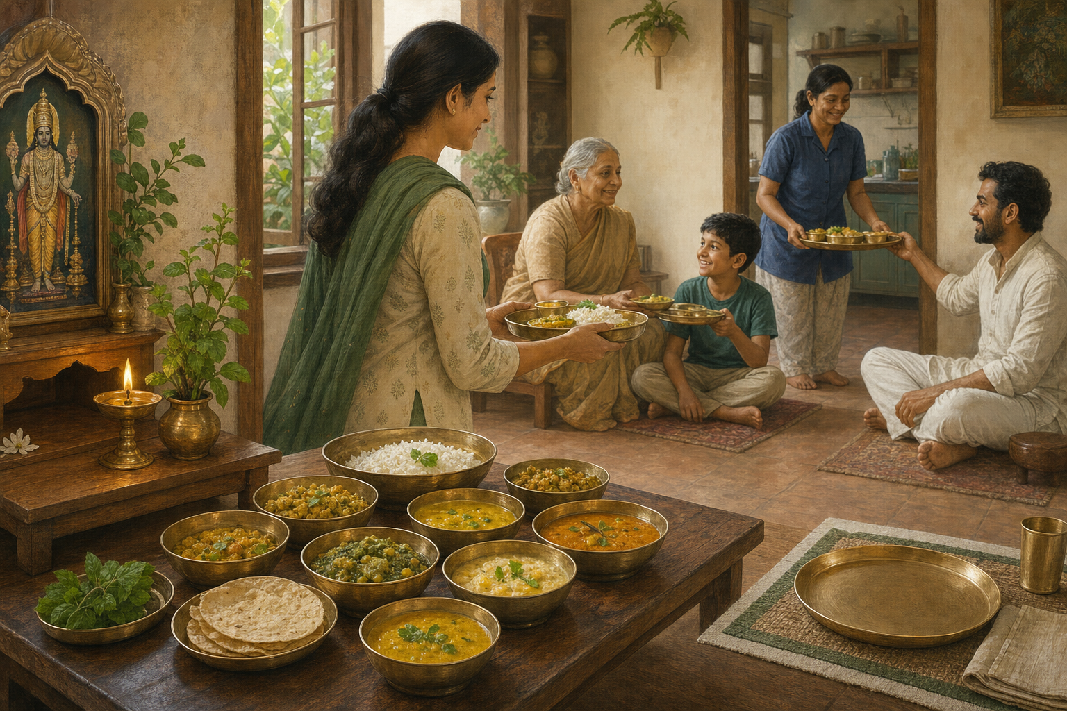 A vegetarian meal is offered at a small Srimannarayana shrine while members of a household carry portions to family, a worker, and a guest.