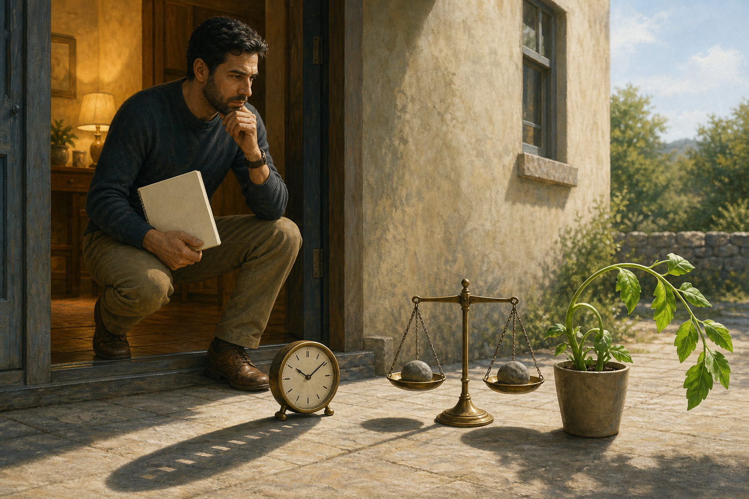 A person pauses in a doorway with a blank notebook while observing a shadow clock, a balanced scale, and a plant in daylight.