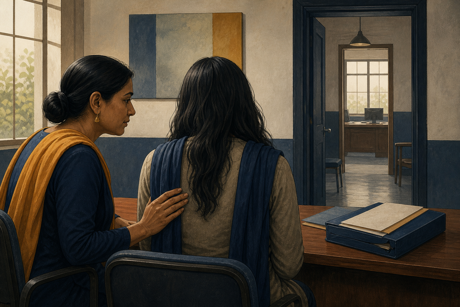 An anonymous woman and a female advocate sit in a private room near a police station doorway and an evidence folder.