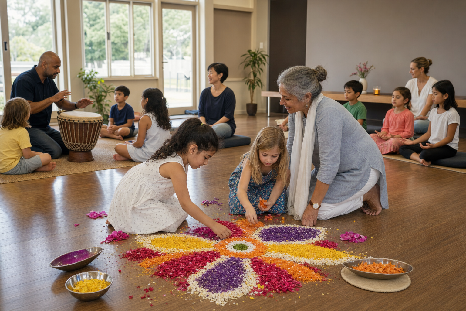 Children make a flower-petal floor design while other families join music and mindfulness activities in a community hall.