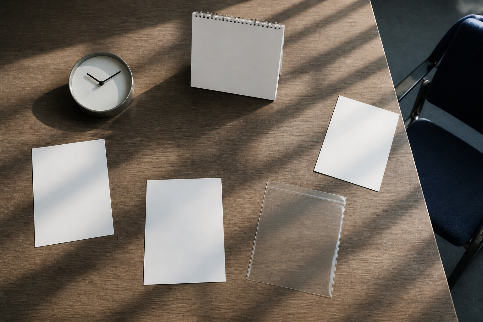 A clock, blank calendar, separated file pages, and an empty evidence sleeve rest on a wooden desk.