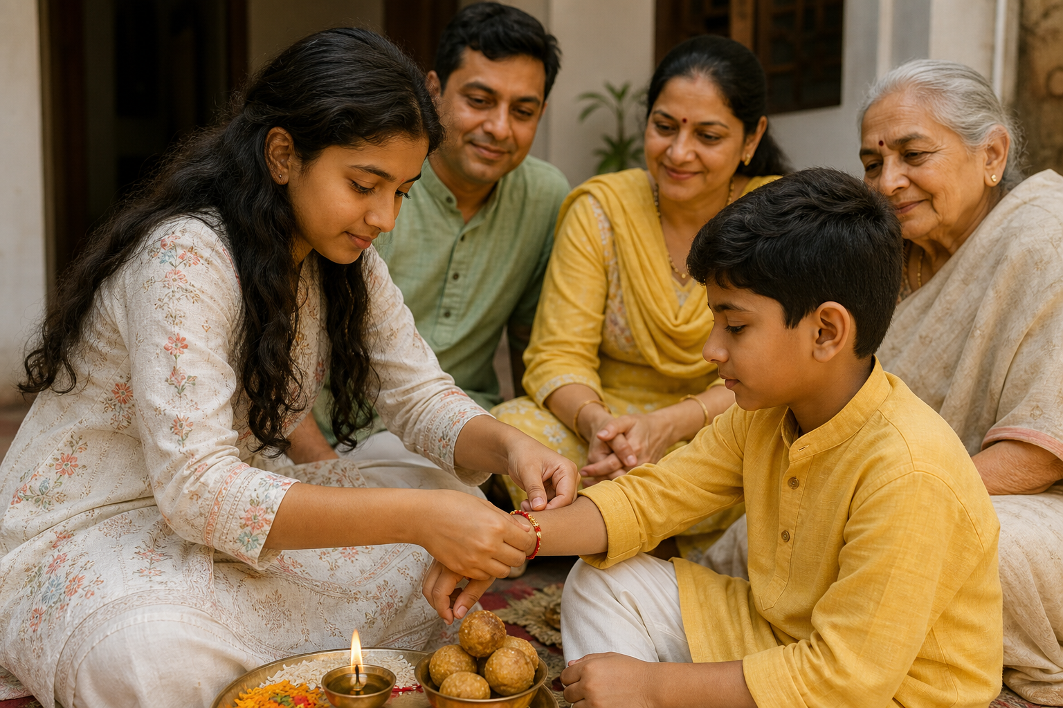 A teenage girl ties a rakhi on her younger brother's wrist as their family watches beside a tray of sweets and flowers.