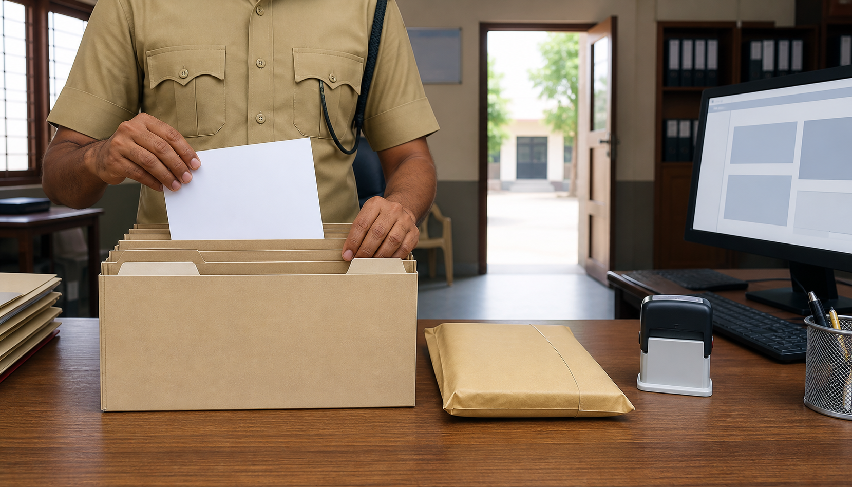 A police officer organizes blank complaint forms, an evidence envelope, and an unmarked case folder at a records desk.