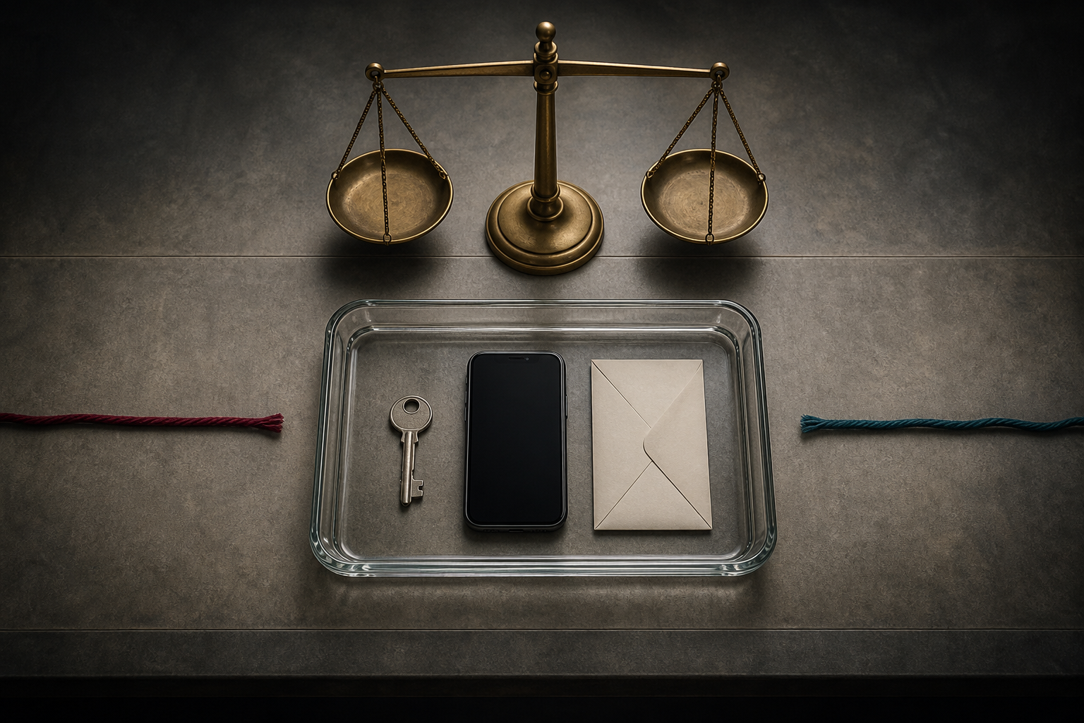 Two colored threads stop at the edges of a clear evidence tray beside a balanced brass scale.