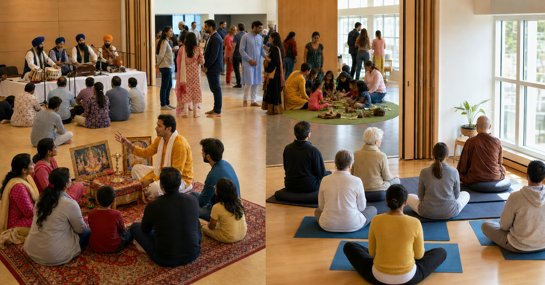 Families visit separate storytelling, meditation, children's activity and devotional music areas in a shared community hall.