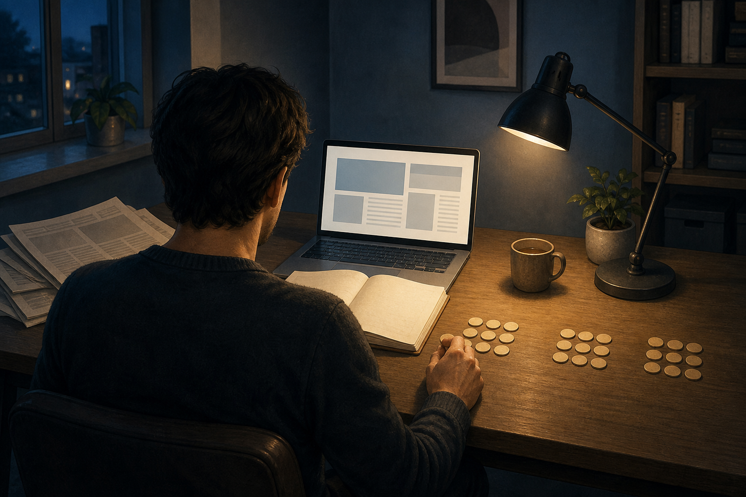 A reader compares blank documents and a laptop while sorting neutral markers into separate groups.