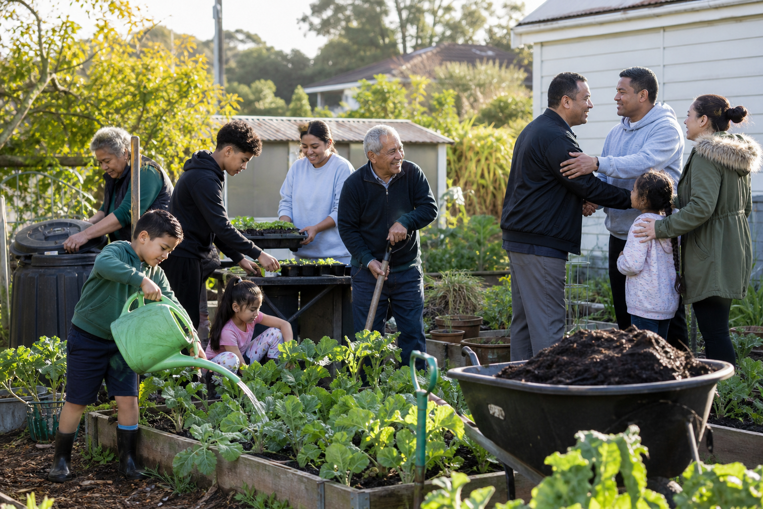 Children, teenagers and older volunteers tend a community garden together beside an Auckland neighborhood hall.