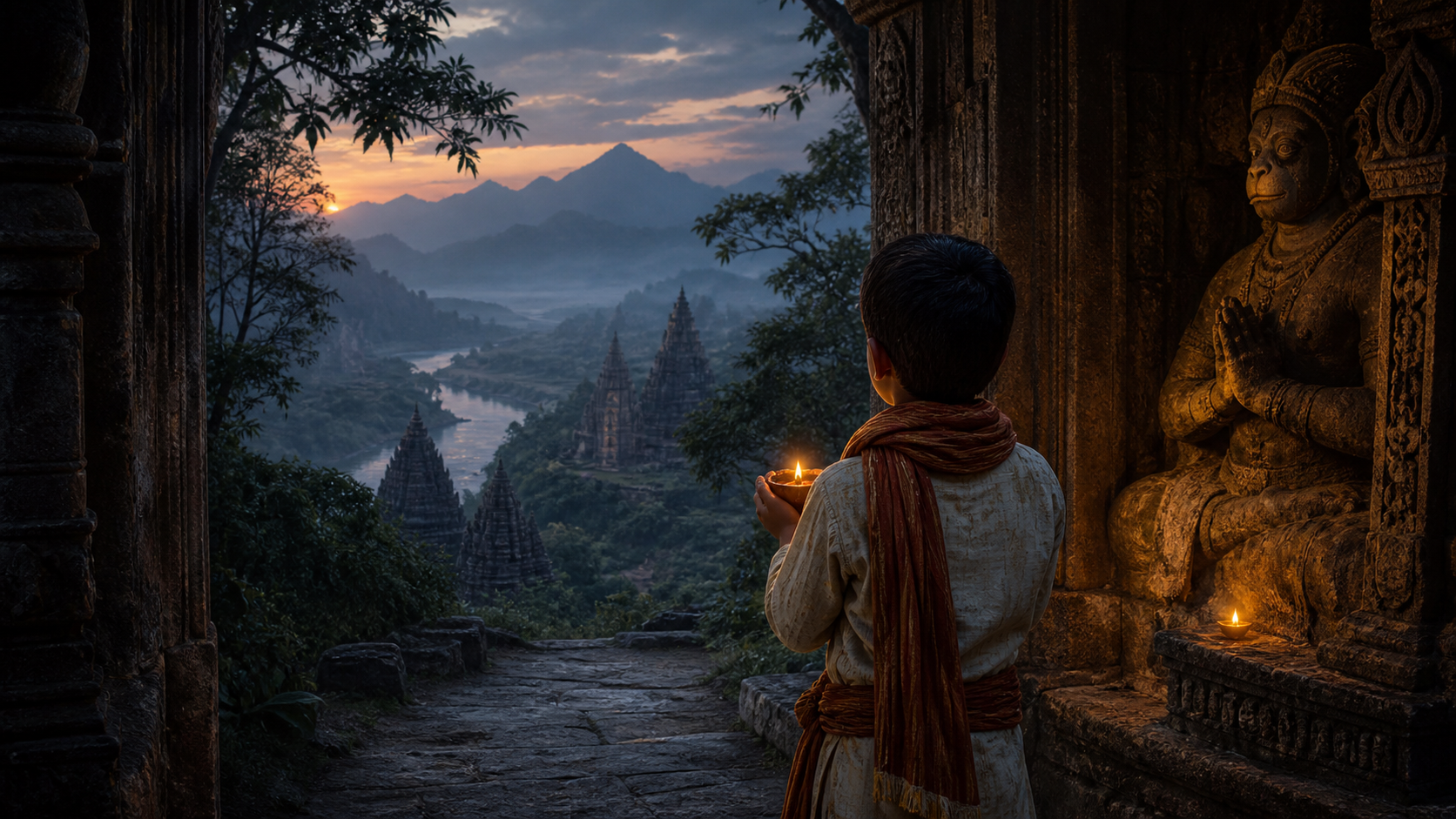 A child pilgrim holding an oil lamp stands at the entrance of a stone Hanuman temple overlooking a river, forest and distant mountains at dawn.