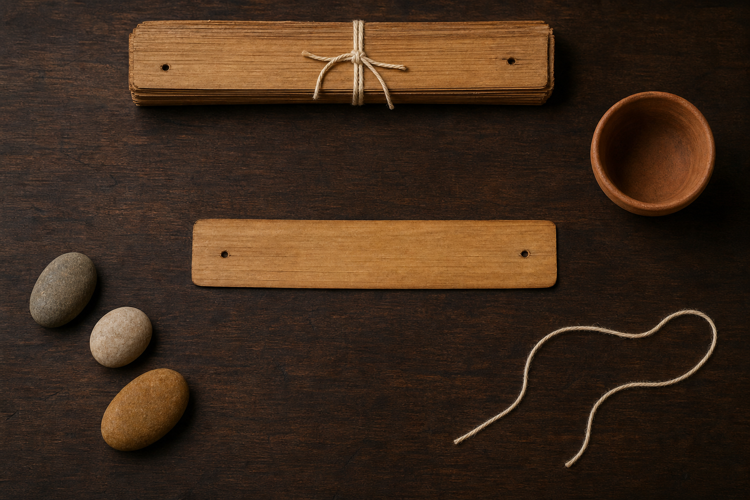 A single blank palm leaf is isolated on a wooden surface beside a tied manuscript bundle, stones, a clay cup, and cotton cord.