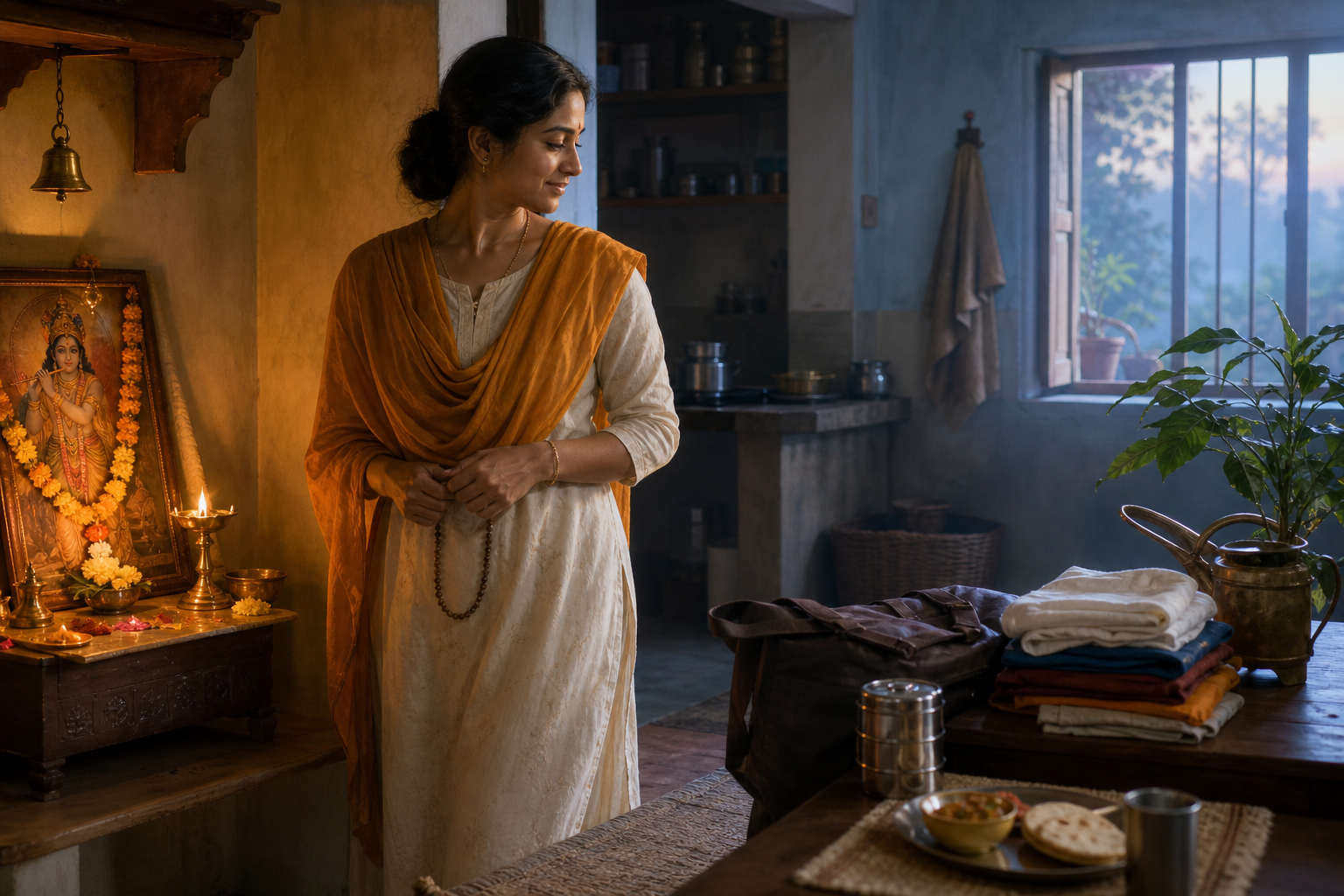 A devotee turns from a flower-adorned home shrine toward breakfast, laundry, a work bag, and other daily responsibilities at dawn.