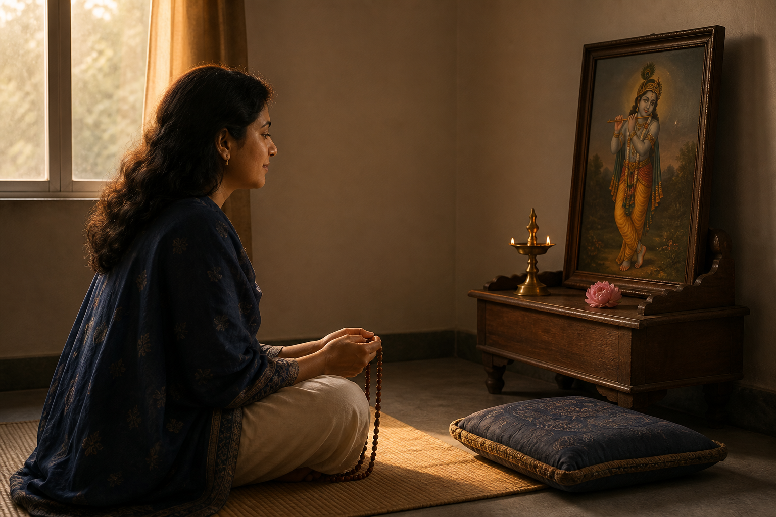 A seated devotee with prayer beads looks toward a small home altar holding a deity image, lamp, and flower offering.