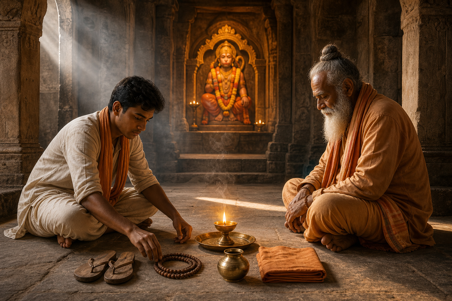 A young storyteller and an elderly teacher sit beside an oil lamp in a stone temple, with sandals, prayer beads and a water vessel arranged around them.