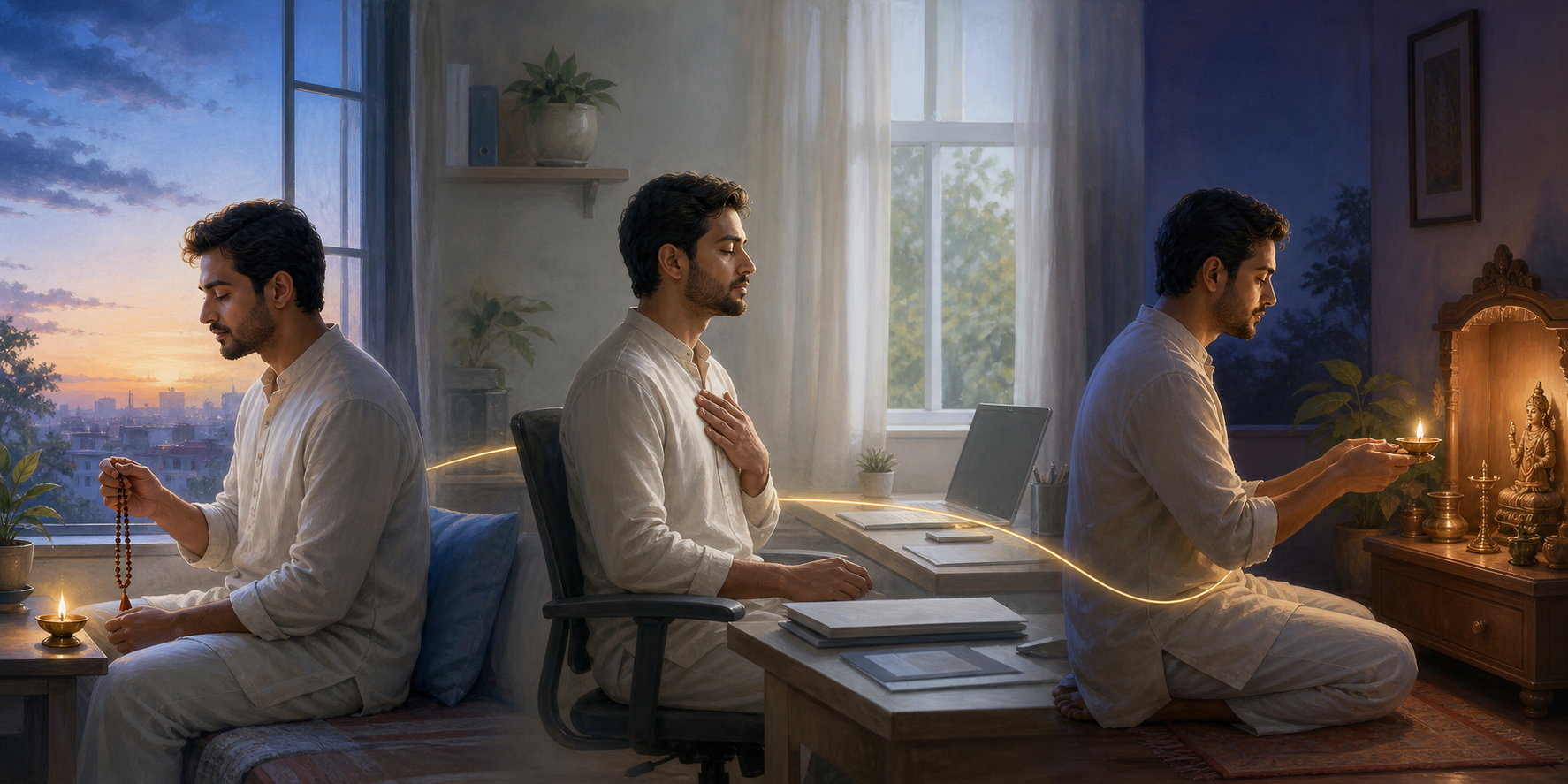 The same devotee practices remembrance with prayer beads in the morning, pauses at a work desk at midday, and offers a lamp at night.