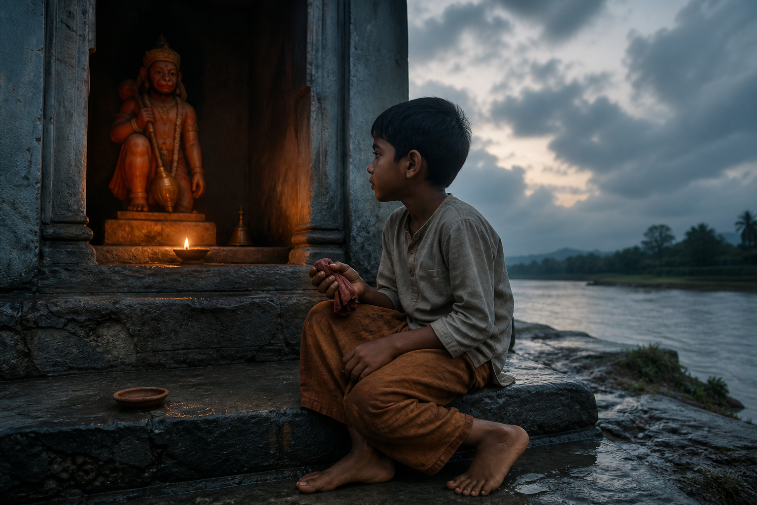 A grieving child holding a cloth keepsake sits on damp steps facing a small Hanuman shrine beside a river at dawn.