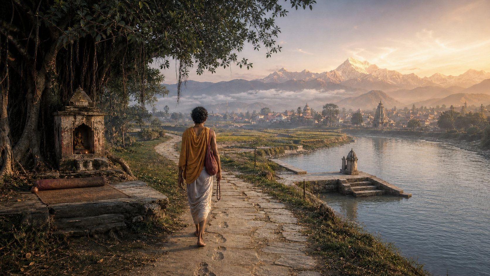 A barefoot devotee with prayer beads follows a riverside path past a banyan grove and temple town toward distant Himalayan foothills.