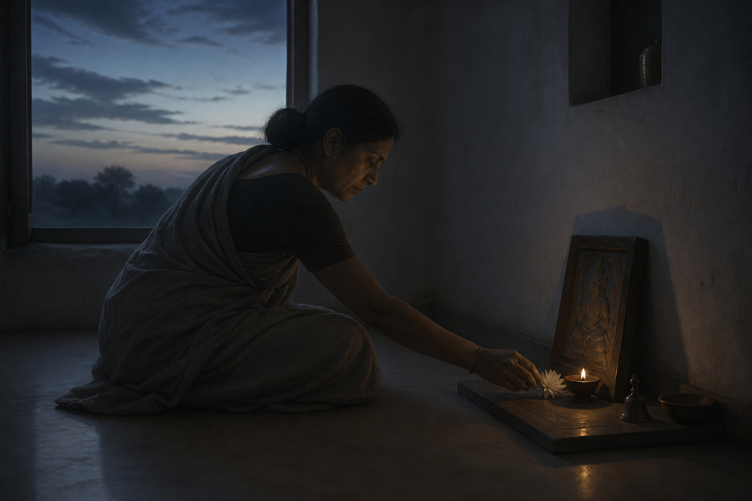 A tired devotee quietly places a fresh flower beside a small oil lamp at a simple home shrine before sunrise.