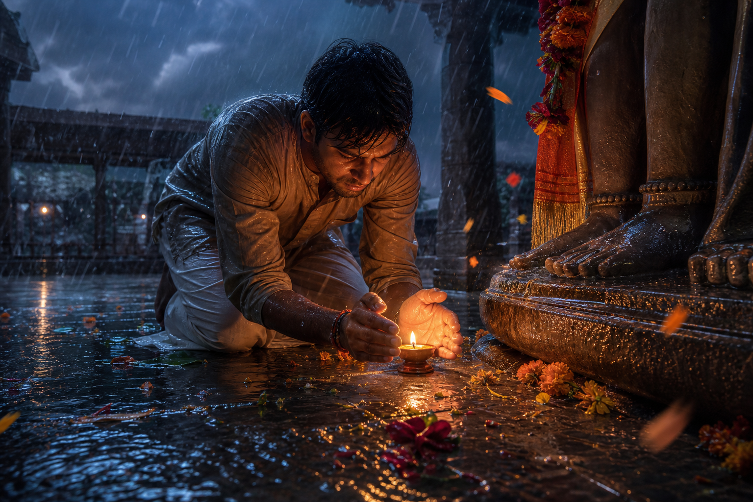 A kneeling devotee protects a steady oil-lamp flame from wind and rain at an open-air Hanuman shrine during a storm.