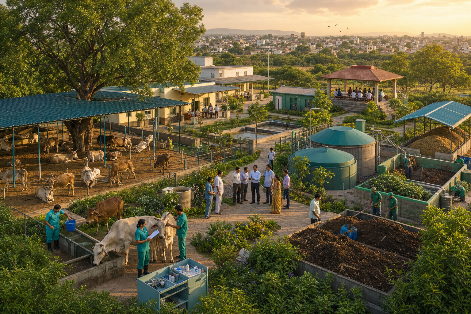 A community cattle sanctuary with veterinary care, fodder storage, composting, biogas equipment, and rainwater harvesting is inspected by residents and officials.