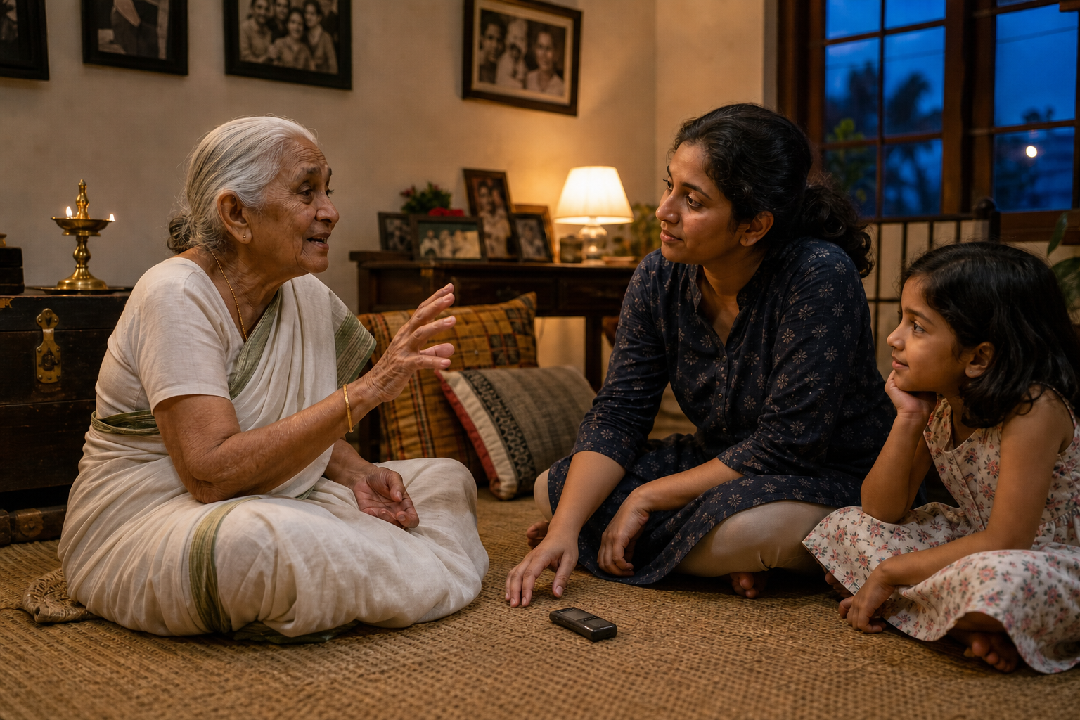 घर में बैठी एक बुजुर्ग महिला कथा सुना रही है, जबकि एक युवा सदस्य उसकी आवाज रिकॉर्ड कर रहा है और पास बैठा बच्चा सुन रहा है।