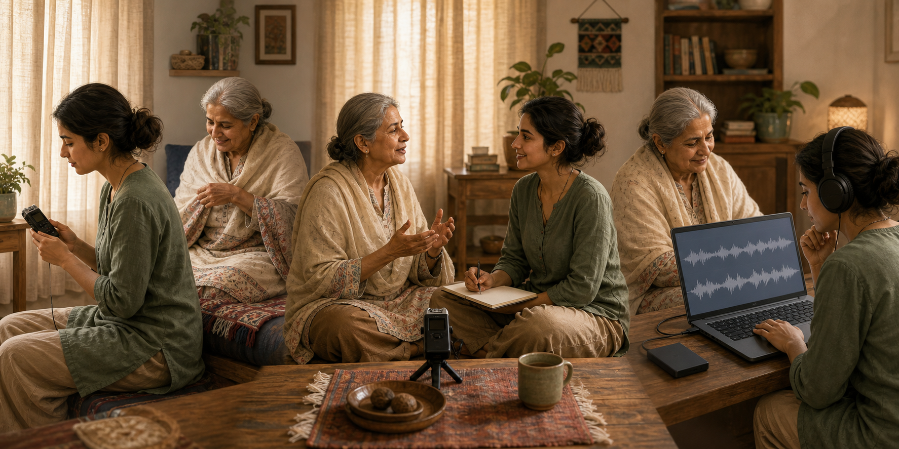 एक ही घरेलू कमरे में रिकॉर्डर की जांच, बुजुर्ग की कथा रिकॉर्ड करने और हेडफोन लगाकर ऑडियो सुनने के तीन क्रमिक दृश्य दिखाए गए हैं।
