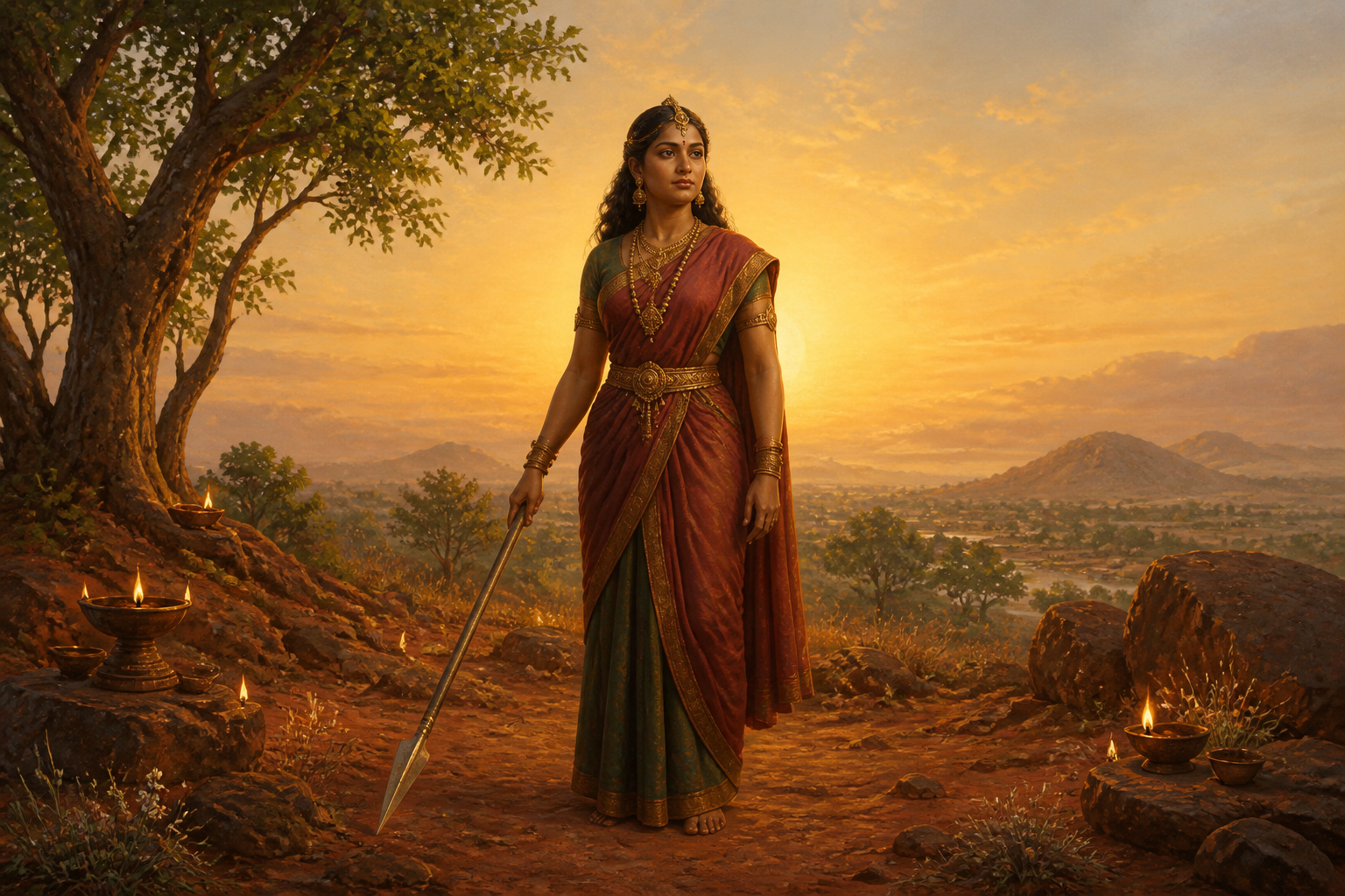 Editorial illustration of Kotravai standing with a lowered spear in a rocky South Indian sacred landscape at dawn.