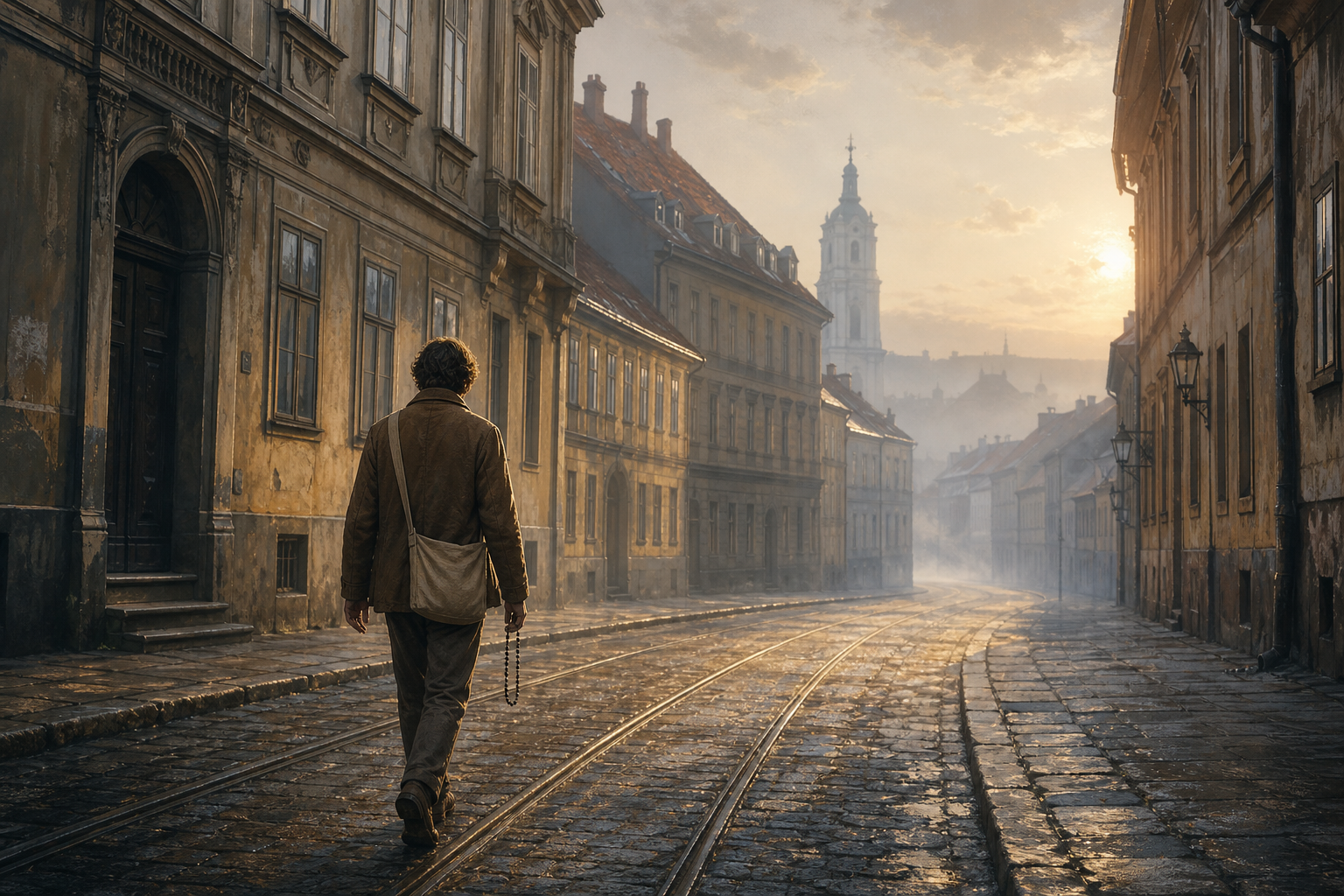 A male devotee carrying prayer beads and a cloth book bag walks along a quiet Zagreb street at dawn.