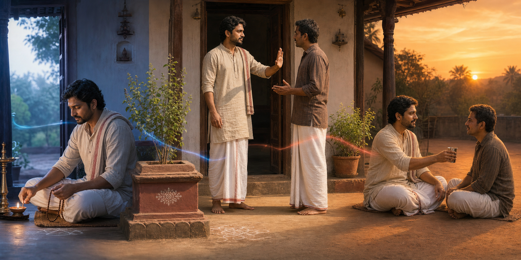 A householder lights a lamp at dawn, sets a calm boundary at midday, and shares water during a reconciliatory conversation at dusk.