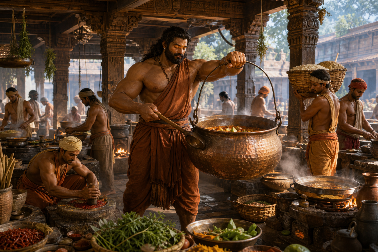 Bhima, disguised as a palace cook, calmly lifts a large copper cauldron amid workers and clay hearths in Virata's royal kitchen.