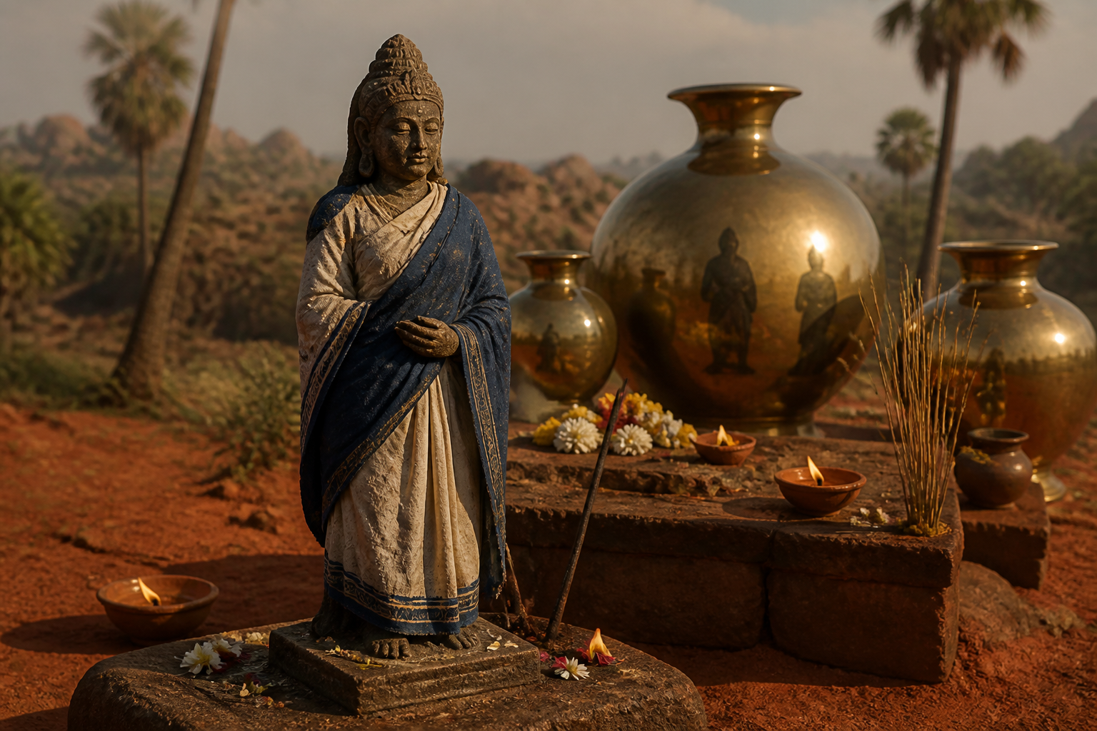 A distinct goddess figure in a Tamil sacred setting stands before bronze vessels containing softer reflected figures.