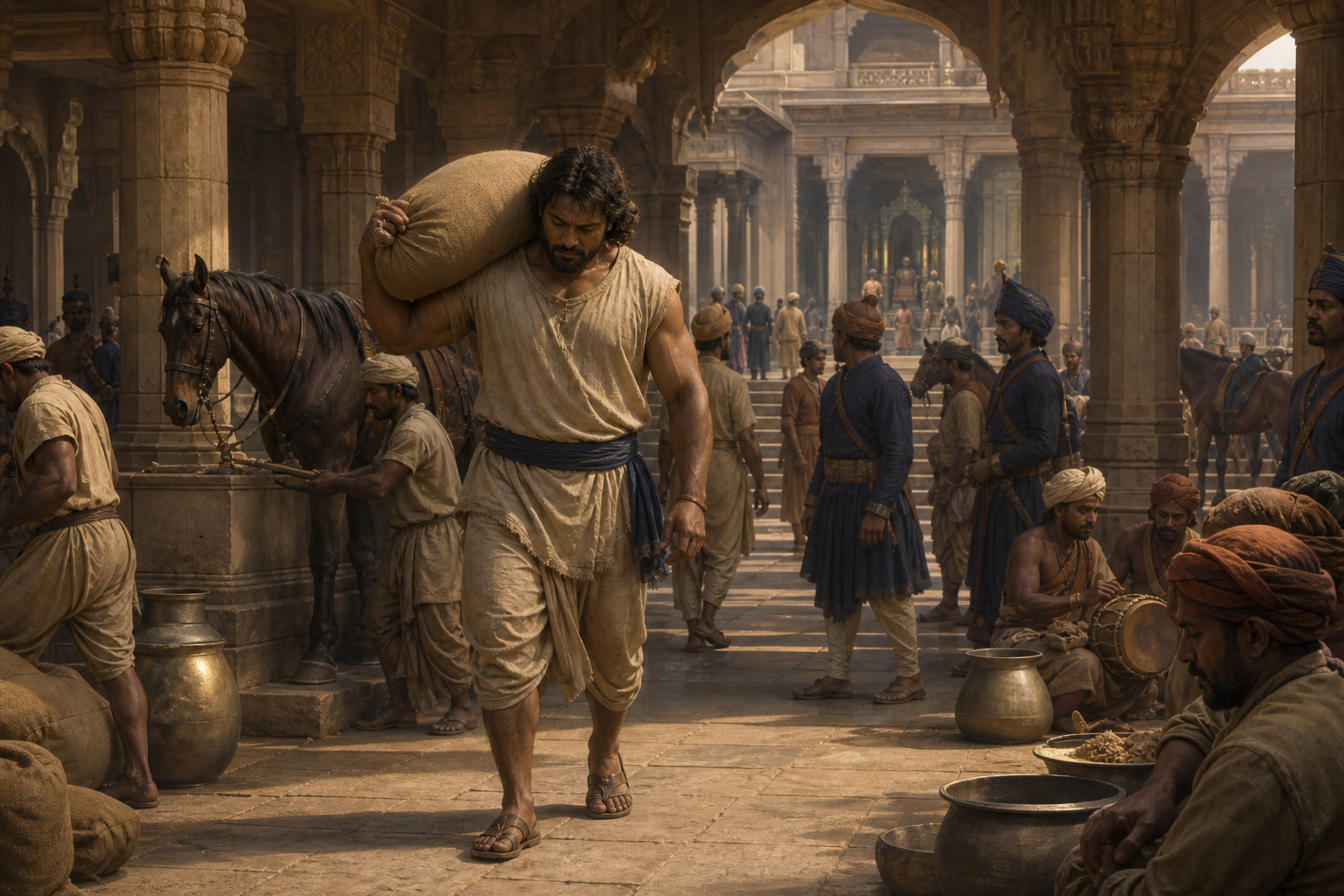 Bhima walks through a crowded palace courtyard in a cook's clothing, carrying a grain sack while guards and attendants move around him.
