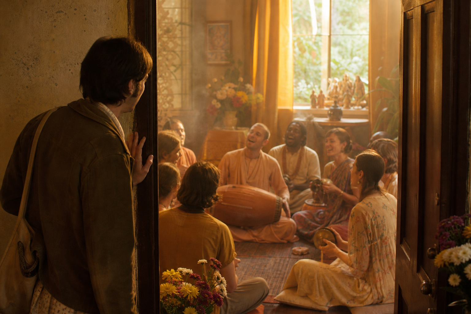 A young man enters a simple 1970s Geneva temple room where devotees are singing and playing hand cymbals and a drum.