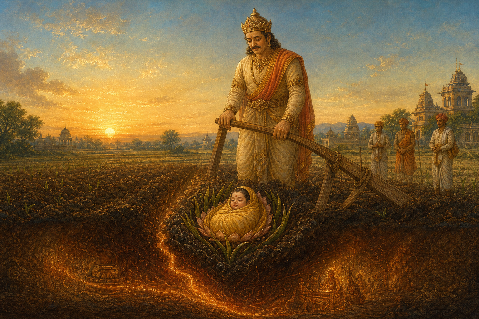King Janaka stands beside his plough as the infant Sita is revealed in a furrow amid dark soil, lotus forms, and new green shoots.
