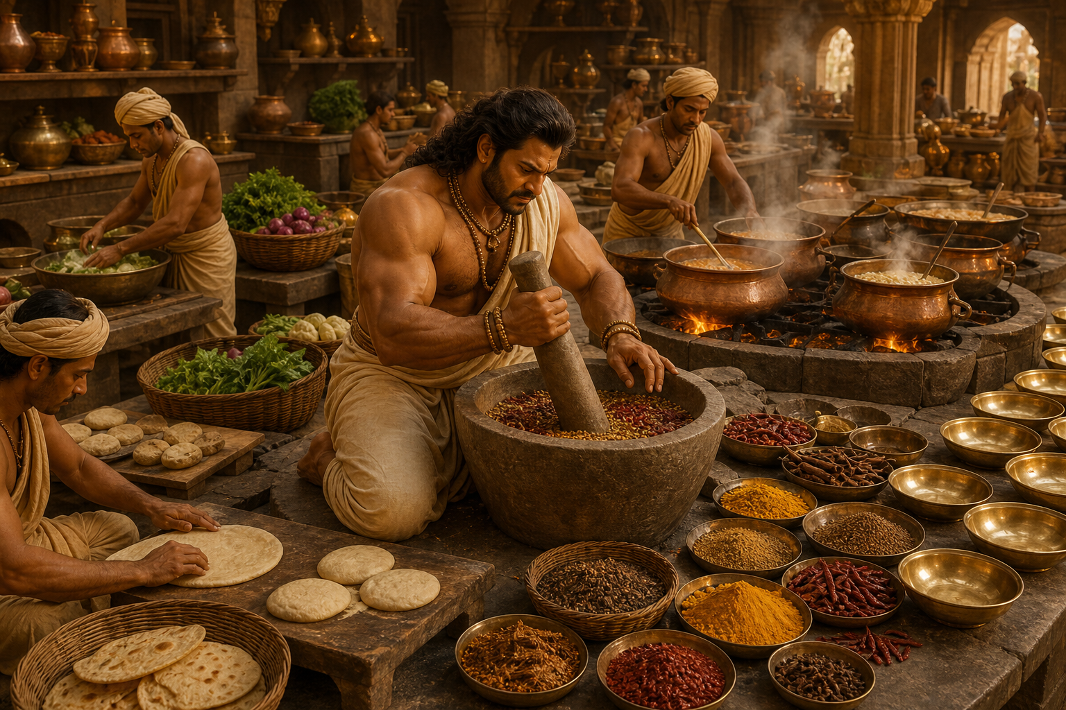 Bhima uses his strength to grind spices and manage heavy cooking vessels while other palace cooks prepare food around him.