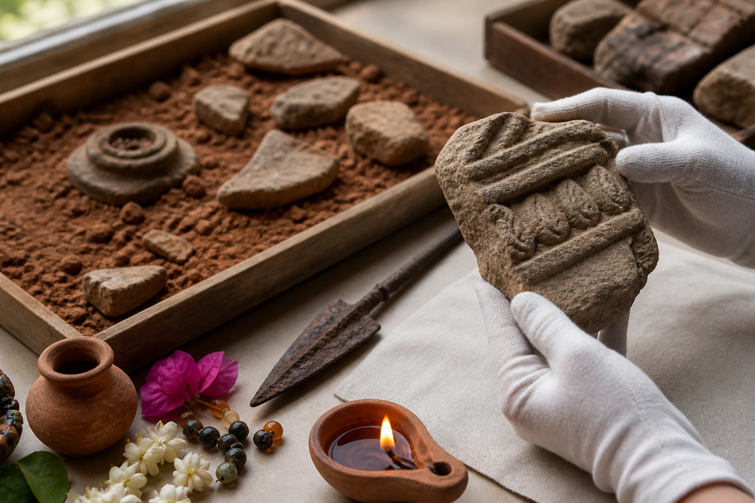 Gloved hands examine ancient stone, pottery, beads, and an iron spearhead beside flowers and a lit clay lamp.