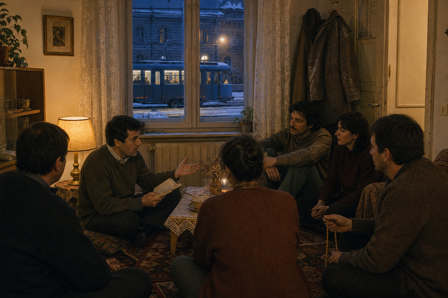 A small group listens to a male devotee during a discreet evening gathering in a modest 1970s Zagreb apartment.