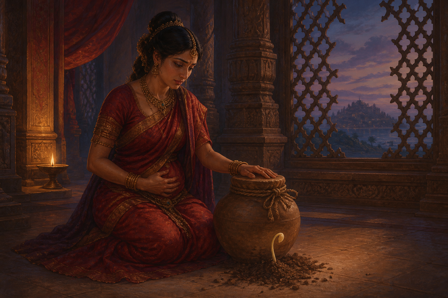 Mandodari kneels in a lamplit palace chamber beside a sealed earthen vessel, with soil and a small sprout nearby.