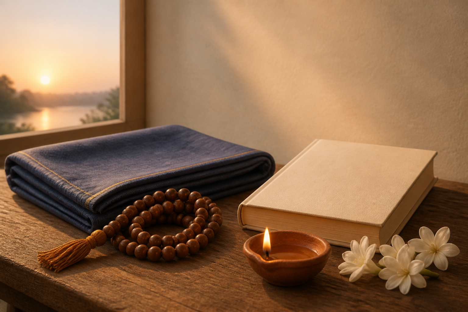 Prayer beads, white flowers, a clay lamp, and a closed book rest beside an empty meditation cloth.