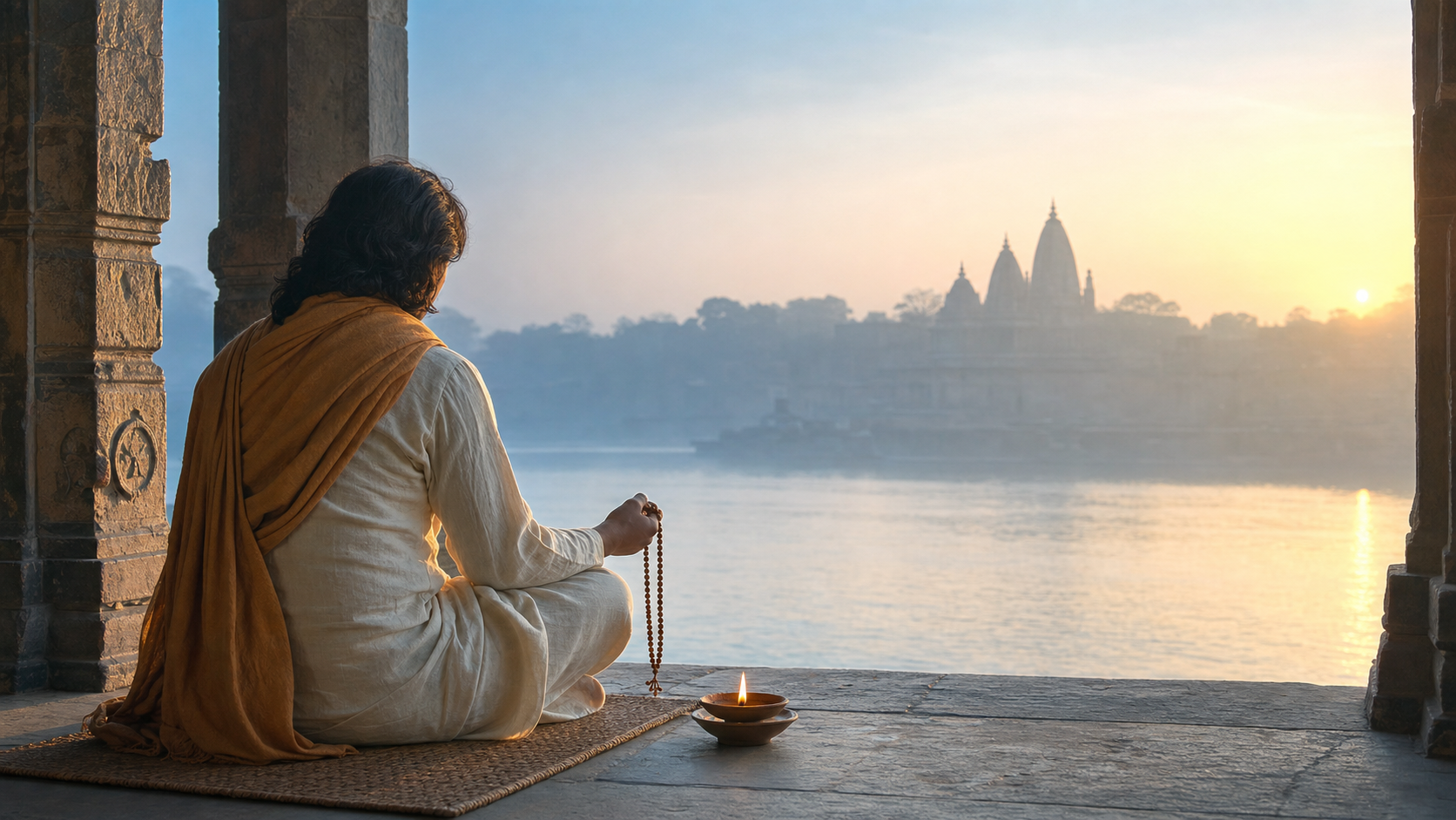 An anonymous devotee with prayer beads sits beside a glowing oil lamp on a riverside veranda at dawn, with a distant temple in the mist.