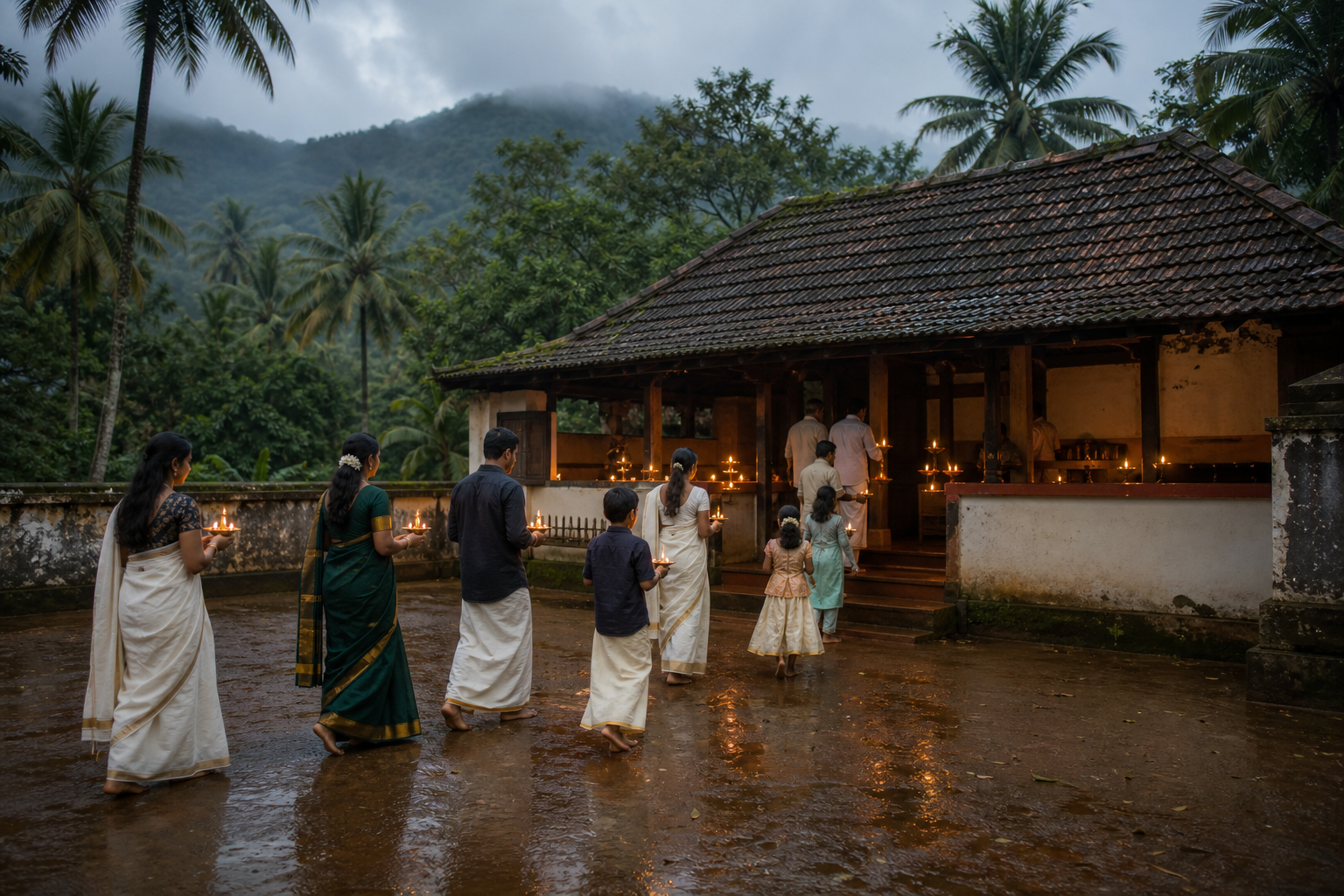 Devotees carrying lamps and flowers approach a small rural shrine in a palm-filled Palakkad landscape.