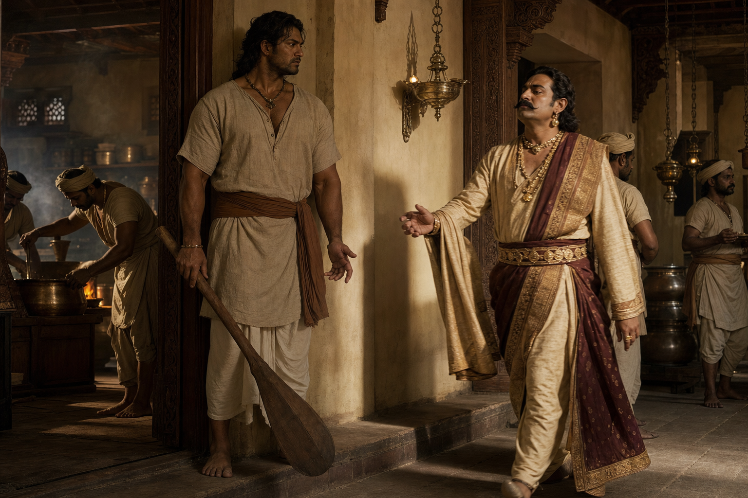 Bhima stands motionless in a palace kitchen doorway as a richly dressed court official passes, his relaxed hand and controlled expression showing restraint.