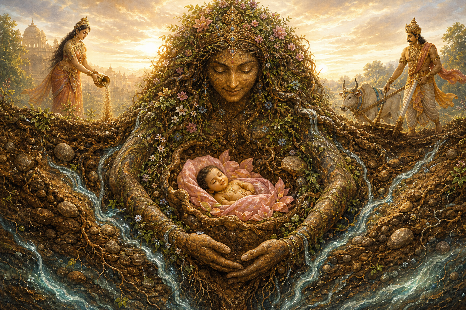 Infant Sita rests in an open furrow embraced by an earth-formed feminine figure, while a distant woman and the approaching Janaka appear at opposite sides.