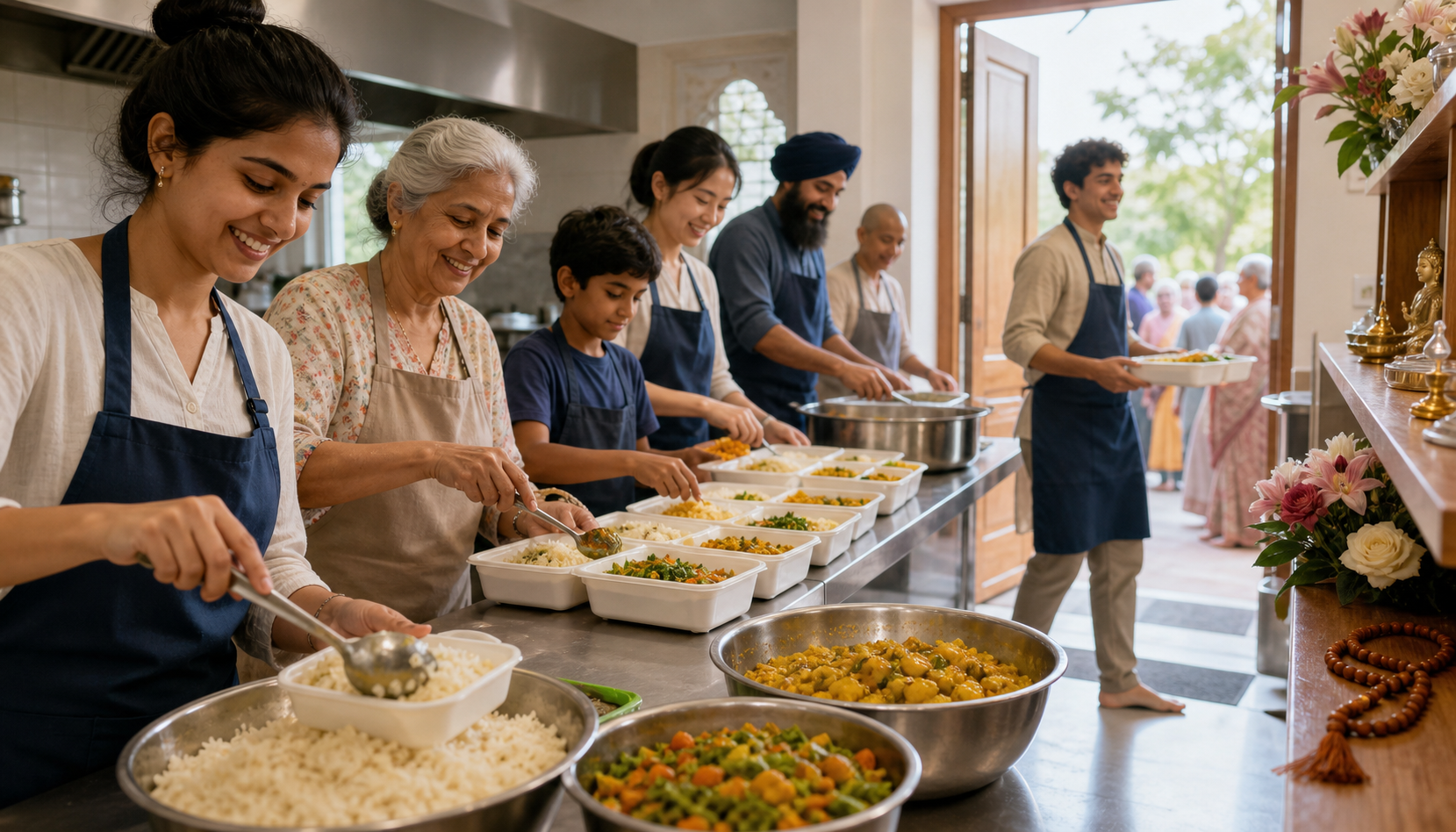 Volunteers prepare and pack vegetarian meals together in a sunlit community kitchen.