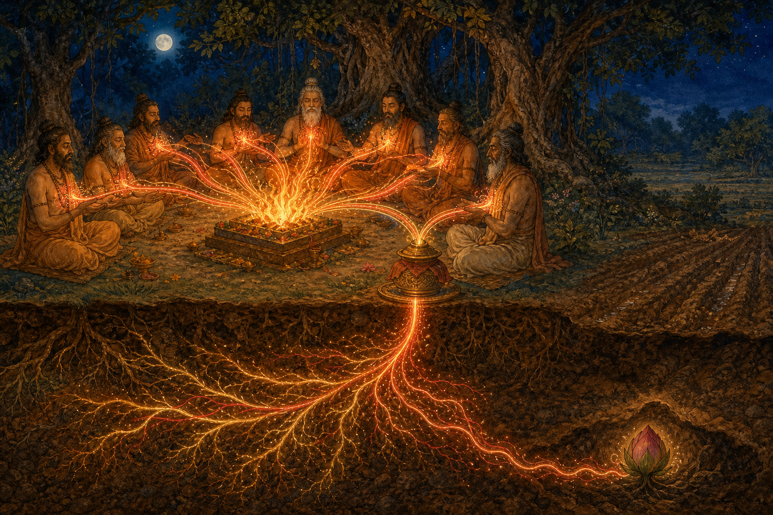 Forest sages gather around a ritual fire as crimson-gold light flows into a covered vessel and through underground roots toward a lotus bud.