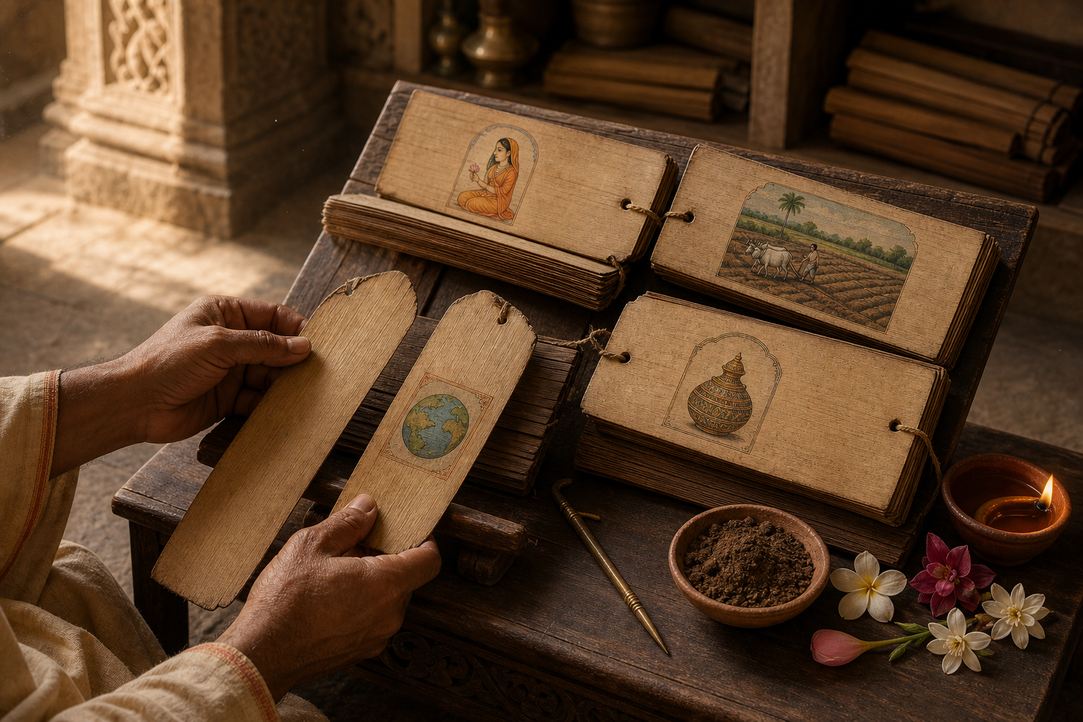 A scholar's hands compare several illustrated palm-leaf manuscripts beside an oil lamp, flowers, and a small bowl of earth.
