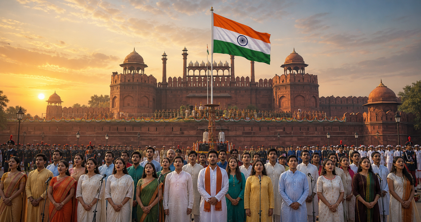 Editorial illustration of a fictional choir assembled before the Red Fort at dawn as the Indian flag flies above the ramparts.