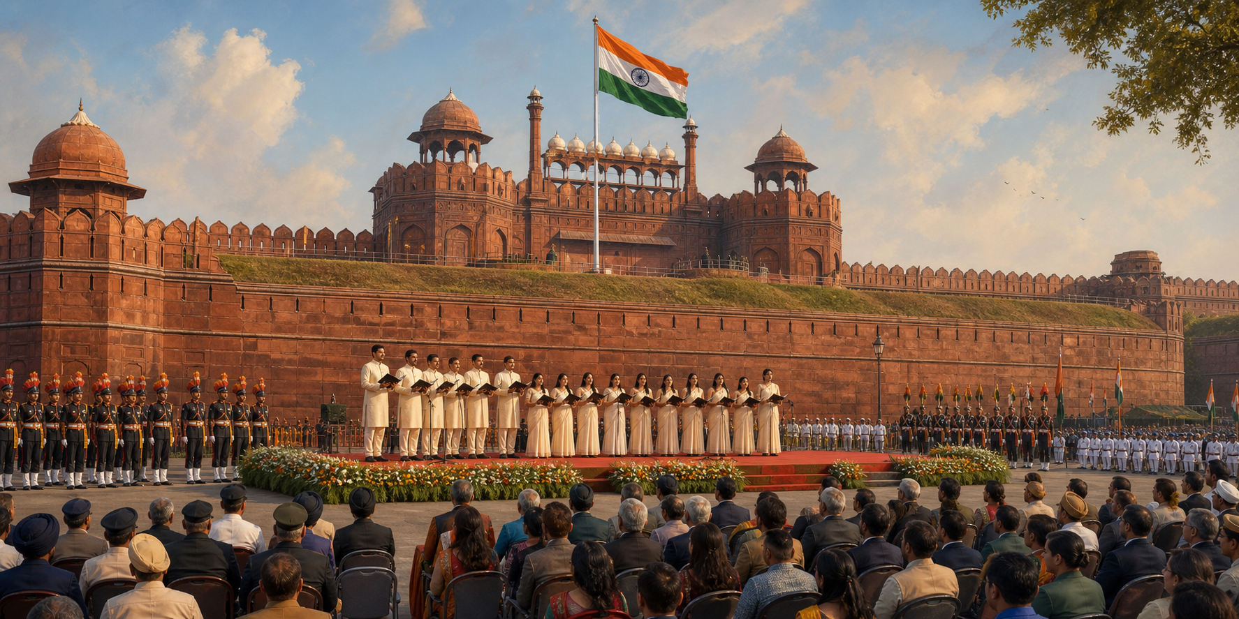 A fictional vocal ensemble faces attendees and ceremonial guards within the Independence Day setting at the Red Fort.