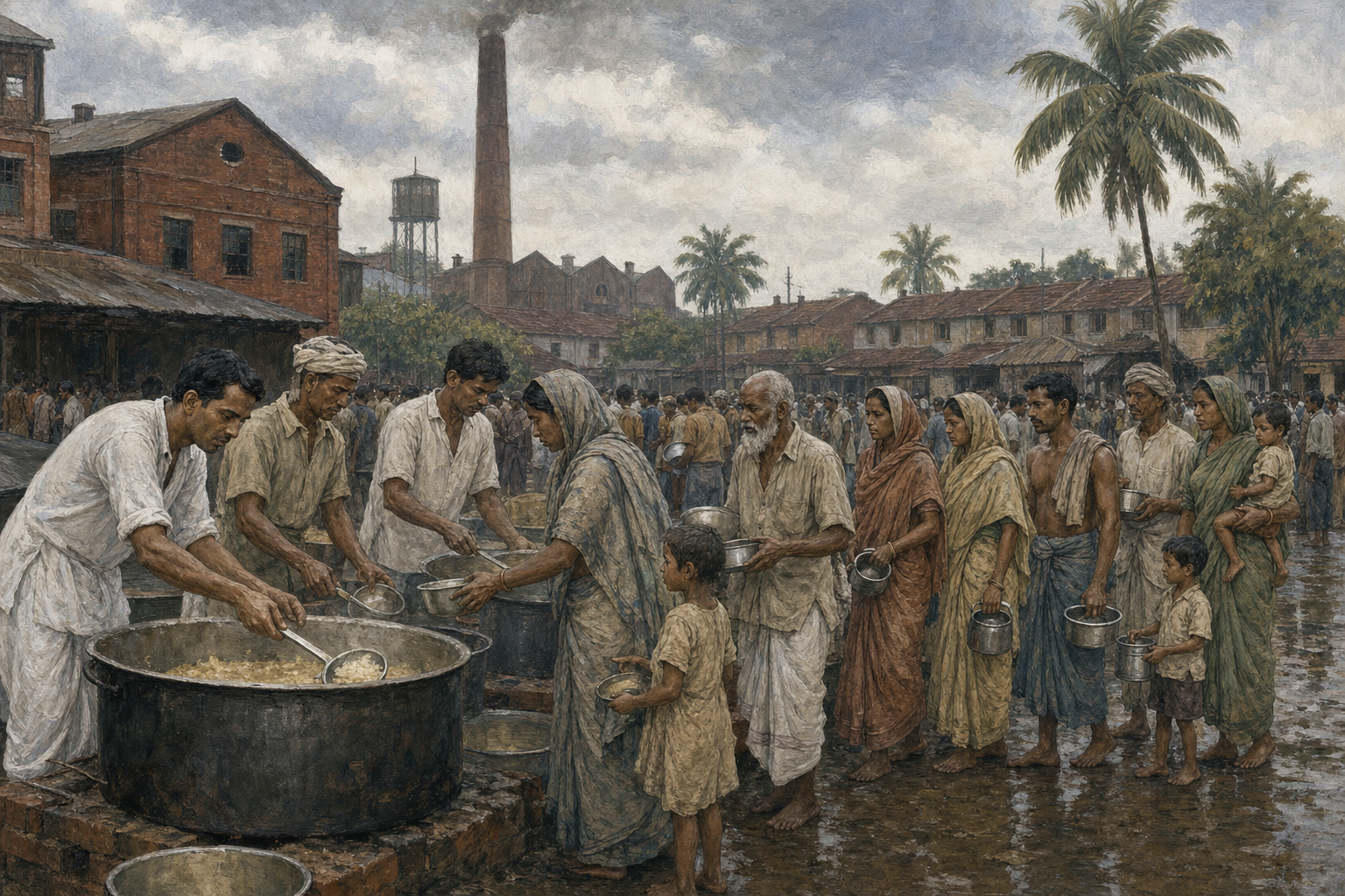 Workers and volunteers serve cooked food from large cauldrons to Bengali families in a 1943 industrial town with brick factory buildings in the background.